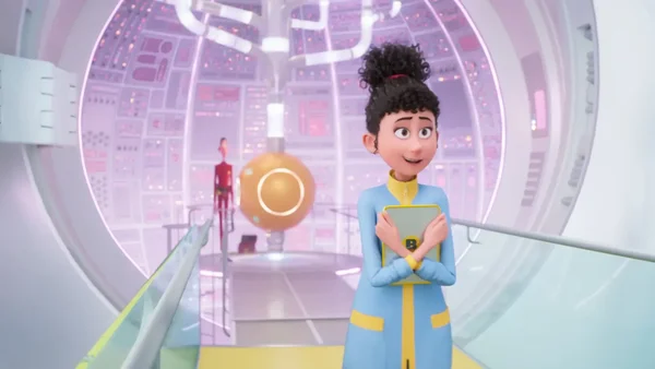 Illustration du film d'animation 'Not Alone' avec une jeune femme en uniforme futuriste dans un centre de commande high-tech.