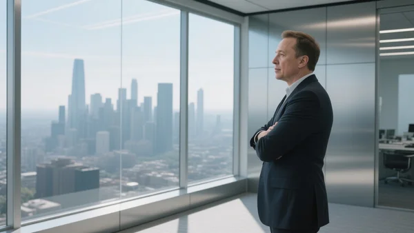 Elon Musk debout devant une baie vitrée dans un bureau high-tech, bras croisés, regardant au loin, composition en plan moyen, l'image doit illustrer la fortune colossale et l'optimisation fiscale agressive du fondateur de Tesla et SpaceX