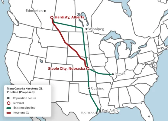 Carte du tracé proposé du pipeline Keystone XL (en rouge) et des pipelines existants (en vert) en Amérique du Nord.