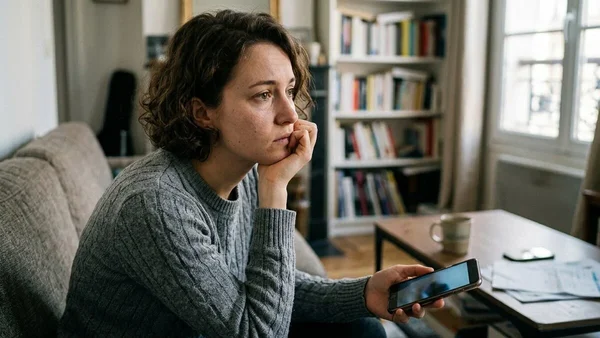 Femme tenant un smartphone sur un canapé près d'une bibliothèque.