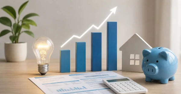 Symboles financiers et domestiques illustrant la hausse des tarifs de l'électricité.