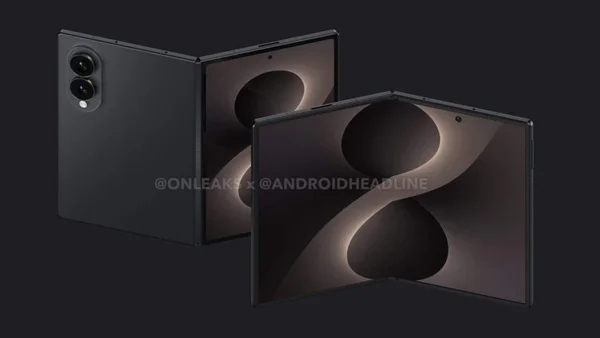 Rendu 3D du Samsung Galaxy Z Fold 6 noir, plié et déplié, sur fond sombre.