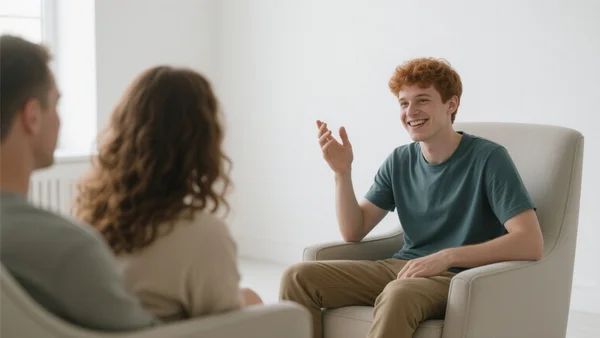 Groupe de jeunes adultes discutant dans un espace lumineux, assis en cercle sur des fauteuils, l'un d'eux sourit en parlant, ambiance participative et citoyenne