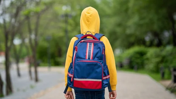 Vue de dos d'un adolescent portant un sweat jaune et un sac à dos, marchant sur un chemin.
