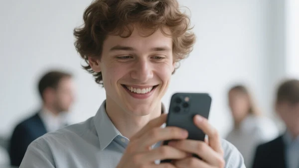 Jeune salarié souriant regardant son téléphone dans un open space lumineux, collègues flous en arrière-plan, composition au cadrage serré sur le visage et le téléphone