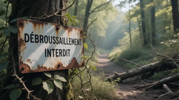 Plan serré sur une plaque de réglementation forestière rouillée clouée à un arbre, entourée de ronces et de broussailles épaisses non entretenues, au bord d'un chemin forestier obstrué, illustrant l'interdiction absurde de débroussaillement malgré le risque d'incendie.