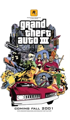 Affiche promotionnelle de Grand Theft Auto III (2001) présentant un montage de personnages et de véhicules dans un style comics.