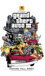 Affiche promotionnelle de Grand Theft Auto III avec un collage illustré de personnages, véhicules et paysages urbains dans un style bande dessinée.