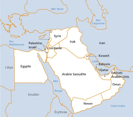 Carte du Moyen-Orient et de l'Afrique du Nord avec les pays en français.