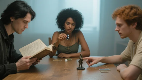Deux joueurs et un maître du jeu autour d'une table, un personnage de joueur absent représenté par une figurine à l'écart ou un pion retourné, les autres joueurs lançant des dés et consultant une carte, atmosphère immersive mais détendue, vue en plan moyen sur la table et les participants