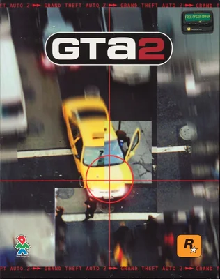 Jaquette de Grand Theft Auto 2 montrant une vue aérienne d'un taxi jaune et de piétons, surmontée d'un réticule rouge.