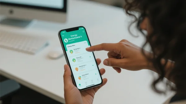 Smartphone posé sur une table, écran affichant le comparateur du Médiateur de l'énergie avec plusieurs offres listées, main pointant vers l'écran, plan rapproché, ambiance lumineuse de bureau
