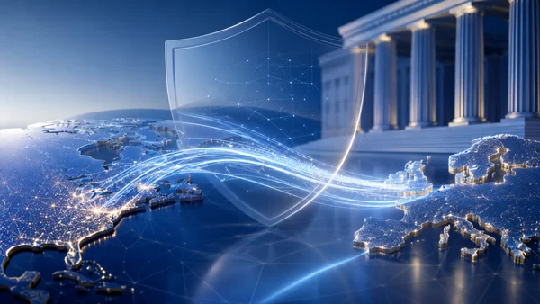 Illustration symbolique des flux de données transatlantiques et de la protection juridique du Data Privacy Framework.