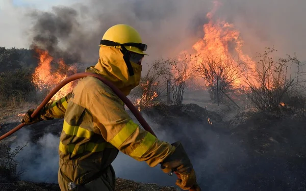 Pompier combattant un incendie de forêt en Aragon, Espagne.