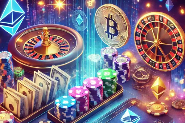 Illustration futuriste d'un casino intégrant des cryptomonnaies et des jeux traditionnels.