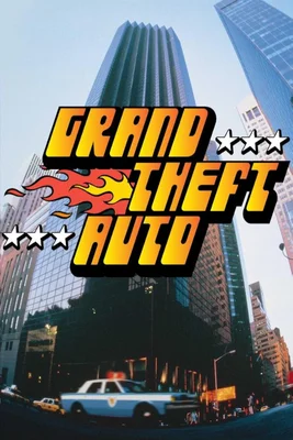 Affiche promotionnelle de Grand Theft Auto (1997) montrant le logo sur fond de ville et de voiture de police.