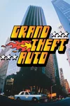 Affiche promotionnelle du jeu vidéo Grand Theft Auto (1997) avec le logo du jeu superposé sur une photo en contre-plongée de gratte-ciels et d'une voiture de police.