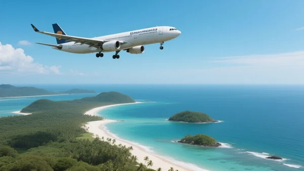 Vue aérienne d'un avion de ligne survolant l'océan Indien avec des îles tropicales et des plages de sable blanc en contrebas, ciel bleu dégagé