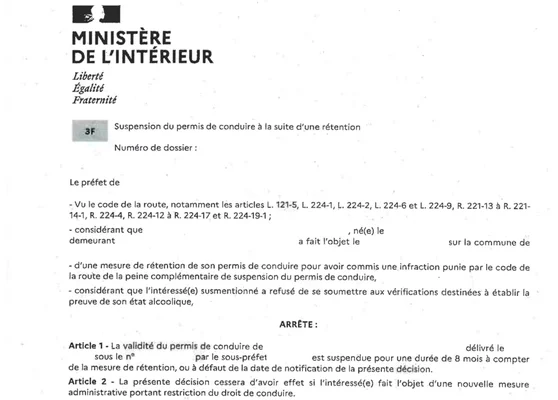 Document officiel du ministère de l'Intérieur sur une suspension de permis après rétention.