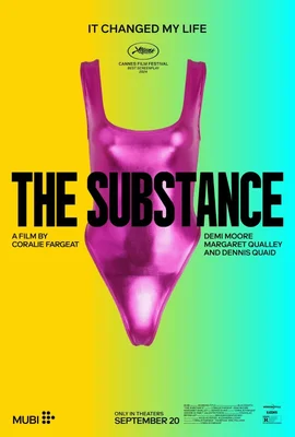 Affiche de The Substance avec un maillot de bain rose sur fond coloré.