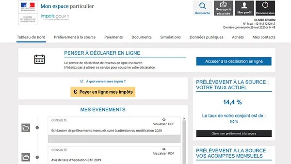 Capture d'écran de l'espace personnel du site impots.gouv.fr avec les options de déclaration et de paiement.