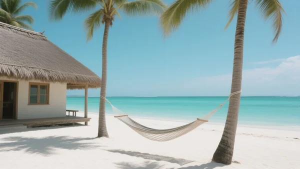 Bungalow en bord de plage à Zanzibar avec toit de chaume et hamac, palmiers, sable blanc et eau turquoise, ambiance paisible et ensoleillée
