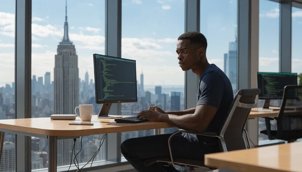 Développeur informatique assis à son poste de travail, mains sur le clavier, regard fixe et préoccupé, dans un open space moderne, vue de côté, intention : illustrer la baisse des embauches dans les métiers du numérique et la fin du mythe du développeur intouchable