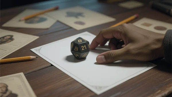 Gros plan sur un dé à vingt faces posé sur une table en bois, entouré de feuilles de personnage et de crayons, dans une ambiance de jeu de rôle. L'image doit évoquer la tension et l'énergie d'une partie en ligne où un joueur accapare l'attention.