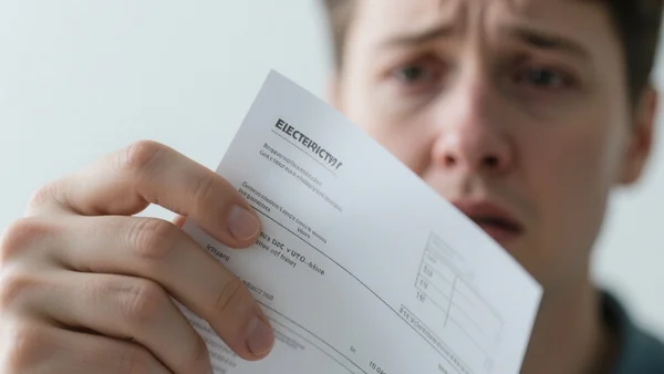 Main tenant une facture d'électricité en papier, visage flou en arrière-plan, expression de surprise ou d'inquiétude, plan serré sur la main et le document, intention : montrer le choc de la hausse des prix