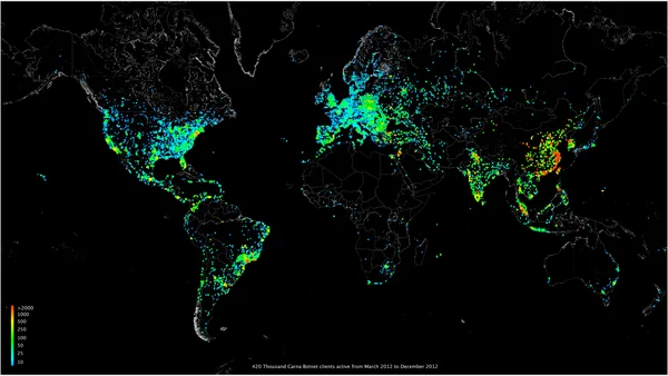 Carte de répartition mondiale du botnet Carna (mars-décembre 2012), chaque point représentant un client actif.