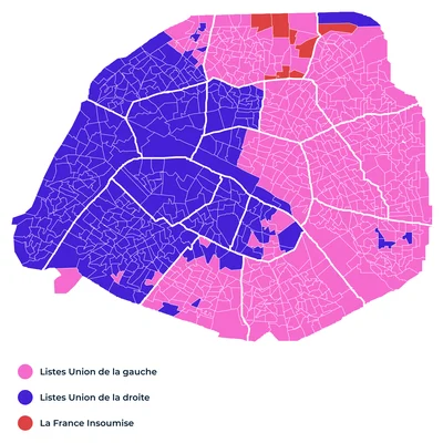 Carte des résultats des élections municipales 2026 à Paris, montrant la répartition des forces politiques par arrondissement.