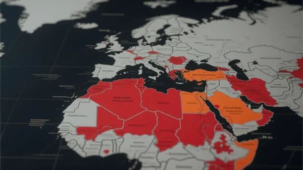 Carte du monde en gros plan montrant des zones rouges et orange sur l'Afrique, le Moyen-Orient et l'Europe de l'Est, symbolisant les foyers de conflits armés en 2025, avec un fond sombre et une ambiance grave