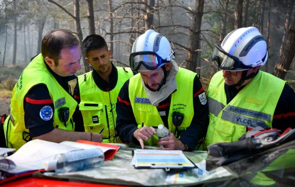 Sapeurs-pompiers en réunion tactique lors d'un exercice grandeur nature en forêt de Fontainebleau.