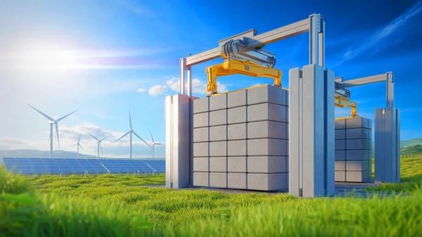 Illustration d'une batterie gravitaire chinoise de 40 étages empilant des blocs de béton, avec éoliennes et panneaux solaires.