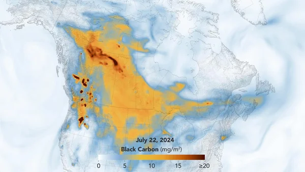 Carte des concentrations de carbone noir en Amérique du Nord le 22 juillet 2024, illustrant l'impact des incendies de forêt sur la qualité de l'air.