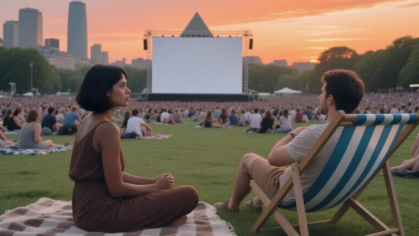 Vue large de la Prairie du Triangle au Parc de la Villette, avec un écran géant blanc dressé sur l'herbe, des centaines de personnes assises sur des couvertures et transats, au coucher du soleil, ciel orangé, ambiance estivale et conviviale