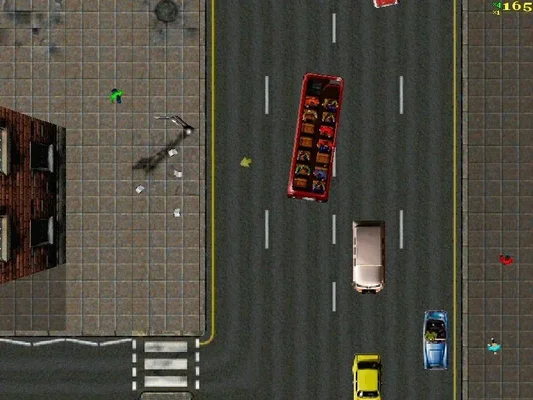 A top-down screenshot from the video game Grand Theft Auto: London 1969, showing a city street with vehicles including a red double-decker bus, cars, and pedestrians. The scene includes urban elements like sidewalks, buildings, and road markings, capturing the game’s retro aesthetic and gameplay perspective.