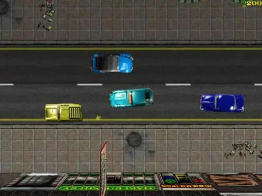 A top-down screenshot from the video game Grand Theft Auto: London 1969, showing several cars on a city street with pedestrians on the sidewalks.