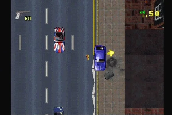 A top-down screenshot from the video game Grand Theft Auto: London 1969, showing a blue car parked on a sidewalk next to a road with another car featuring a Union Jack paint job. The image includes in-game HUD elements like weapon and score indicators.