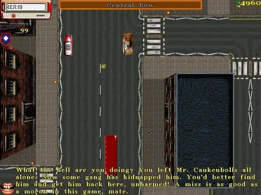 Screenshot du jeu vidéo Grand Theft Auto: London 1961 (1999), montrant une vue de dessus d'une rue londonienne avec des véhicules, des bâtiments et l'interface utilisateur pixelisée typique de l'époque. Un dialogue humoristique en anglais apparaît en bas de l'écran.