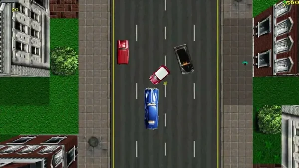 Top-down gameplay screenshot from Grand Theft Auto: London 1961 (1999), showing a chaotic street scene in pixelated 2D graphics. A blue car is centered, with a red car flipped mid-air and another black car overturned nearby — suggesting vehicular combat or crash physics typical of the game. The environment includes brick buildings, green grass patches, sidewalks, and road markings. UI elements show score '50' top-left and '1560' top-right, consistent with the original DOS/Windows version interfa