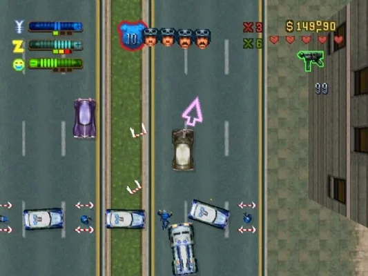 A top-down gameplay screenshot from Grand Theft Auto 2 (1999), showing the player character in a vehicle on a city street, surrounded by police cars and UI elements including health, money, weapon, and wanted level indicators.