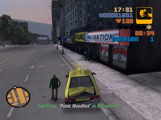 Capture d'écran du jeu vidéo Grand Theft Auto III (2001), montrant une scène urbaine avec un personnage, un taxi jaune endommagé et des bâtiments. L'interface utilisateur est visible en allemand ('Fahrten', 'Fahrtziel').
