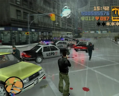 Capture d'écran du jeu vidéo Grand Theft Auto III (2001), montrant une scène de fusillade urbaine avec des voitures de police LCPD, un hélicoptère et le personnage principal armé. L'interface utilisateur affiche l'argent, la santé, les armes et le niveau de recherche.