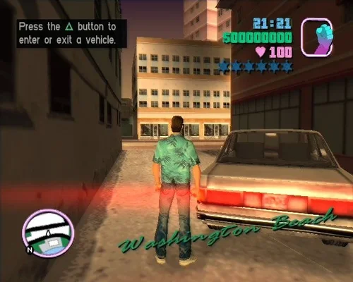 Capture d'écran du jeu vidéo Grand Theft Auto: Vice City (2002), montrant le personnage principal, Tommy Vercetti, de dos, dans une ruelle urbaine à côté d'une voiture. L'interface utilisateur du jeu est visible, incluant la mini-carte, l'heure, l'argent, la santé et les étoiles de recherche. Un message d'aide en anglais apparaît en haut à gauche.