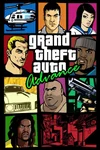 L'image est la jaquette officielle du jeu vidéo Grand Theft Auto Advance, sorti en 2004 sur Game Boy Advance. Elle présente un style graphique de type bande dessinée avec une mosaïque de neuf panneaux illustrant divers éléments du jeu : des personnages principaux et secondaires, un hélicoptère de police, une voiture classique, une arme à feu et un décor urbain asiatique. Le titre du jeu est affiché en évidence au centre.