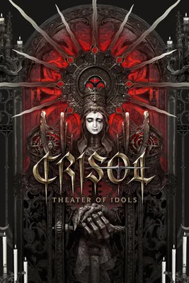 Affiche promotionnelle de Crisol: Theater of Idols, montrant une statue couronnée aux larmes sur fond de vitrail rouge.