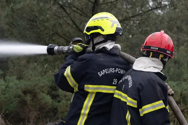 Deux pompiers en intervention contre un feu de forêt, avec l'inscription 'SAPEURS-POMPIERS 29' visible.