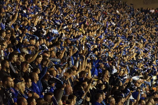 Supporters en bleu agitant des écharpes dans un stade.