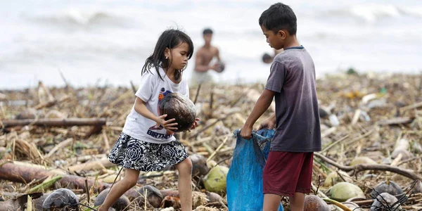 Des enfants récoltant des noix de coco sur une plage encombrée de débris, conséquence possible des tempêtes.